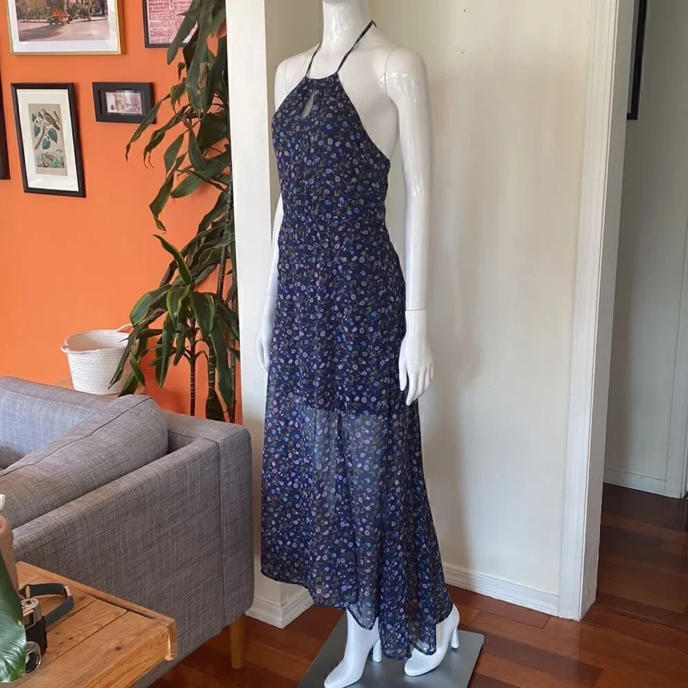 Abercrombie & Fitch Navy Halter Chiffon Floral High Low Hem Maxi Dress Size XS